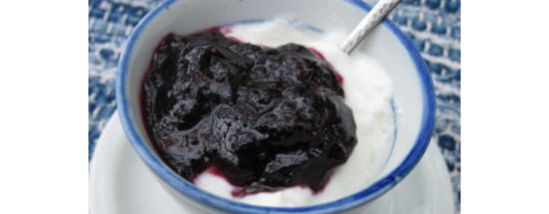 Blueberry Rhubarb with Yogurt in a Ceramic Bowl