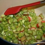 Prepare rhubarb. Measure fruit into sauce pan.