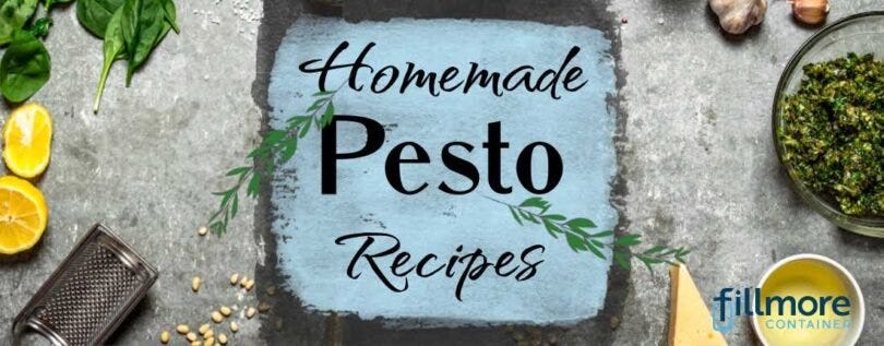 Basil leaves, garlic cloves, pine nuts, lemons, parmesan cheese, pesto with text Homemade Pesto Recipes.