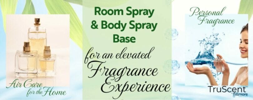 Glass sprayer bottles with room spray, woman with a spray bottle of body spray, words Room Spray & Boday Spray Base for an Enhanced Fragrance Experience.