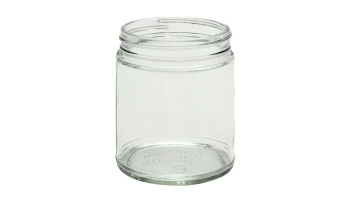 JG Finneran - 9-182 - 8oz, 250ml Clear Glass Short Straight Sided Wide Mouth Jar, 70-400mm Thread, White Polypropylene Closure, .015PTFE Lined, Standa